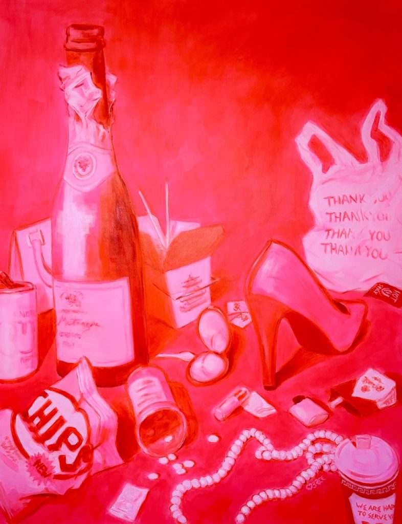 A pink still life painting of a mess of objects including a bottle of champagne, a luxe handbag, chips, chinese food takeout, makeup, a high-heel pump, cigarettes, and a pill bottle