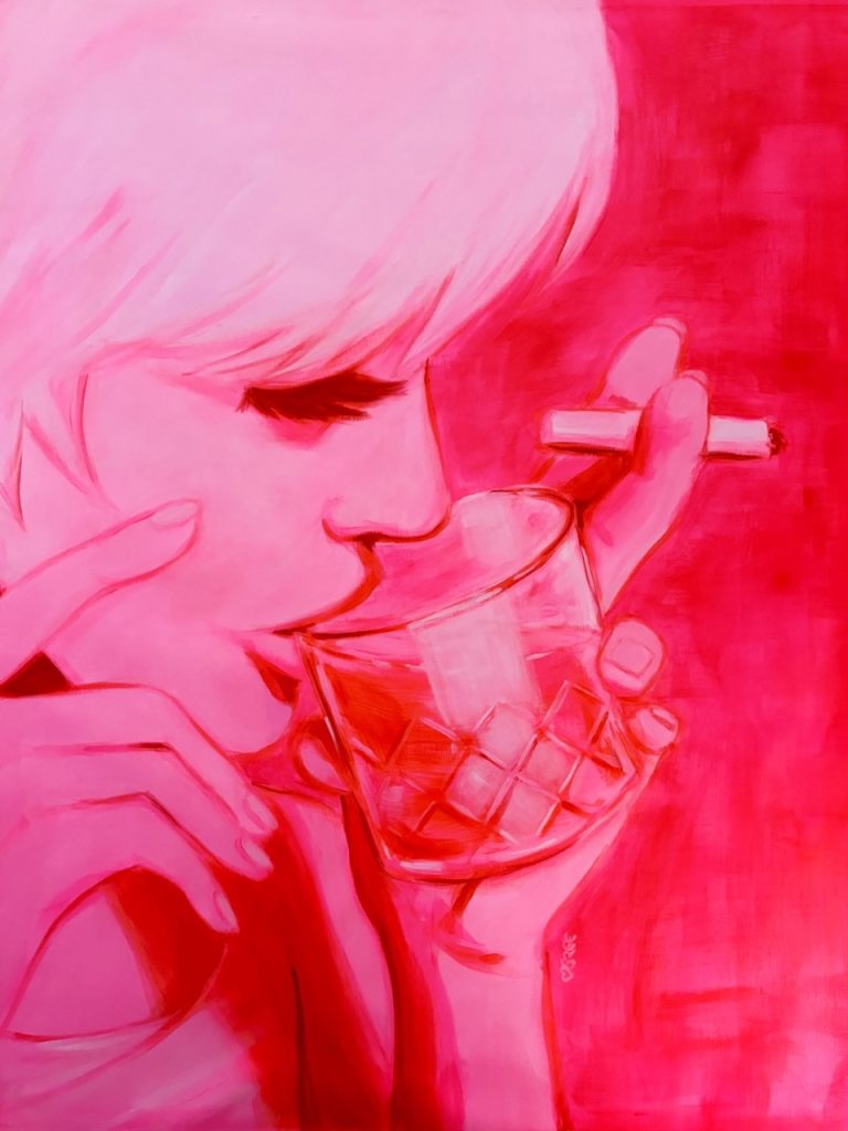 Pink painting of a woman drinking whiskey from a very nice etched glass, she is also holding a cigarette