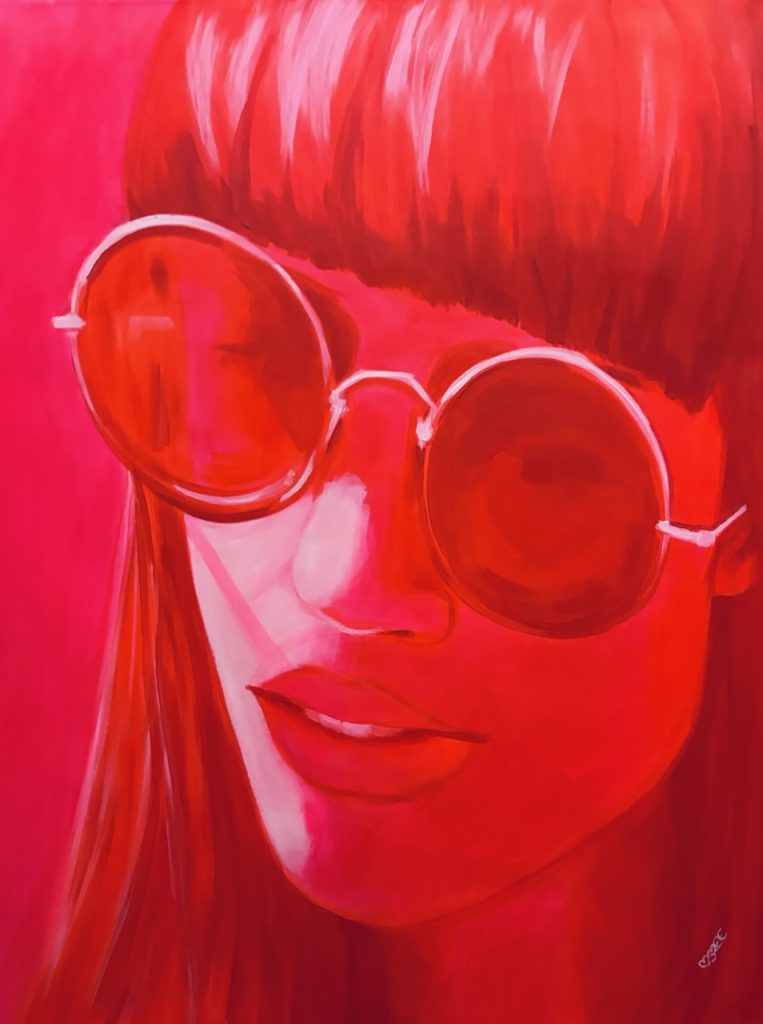 Pink painting of a woman looking incredulous