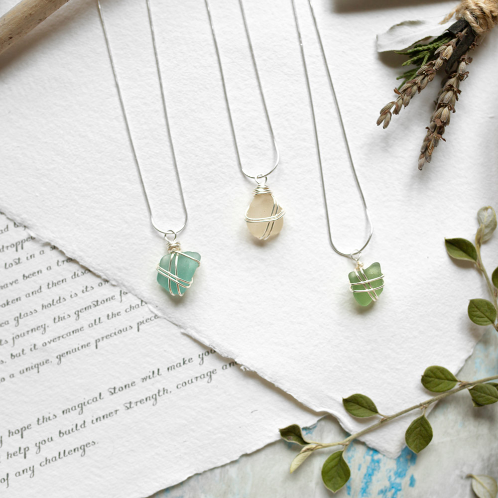 Sea Glass Jewellery on a hand-made paper