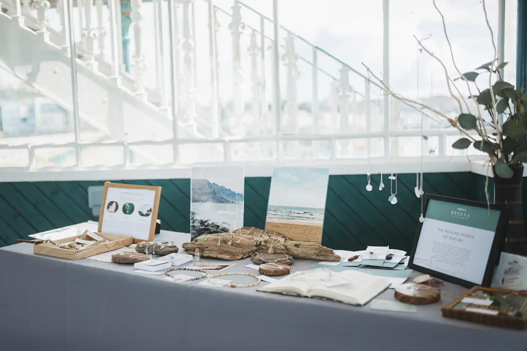 Breena Jewellery Sea Glass Necklace on a Mini Market on Clevedon Pier