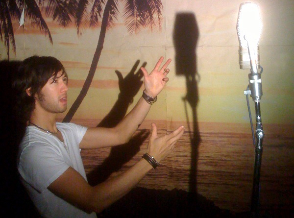 Brendan in the beach-themed reverb chamber at the Village Recording Studios...