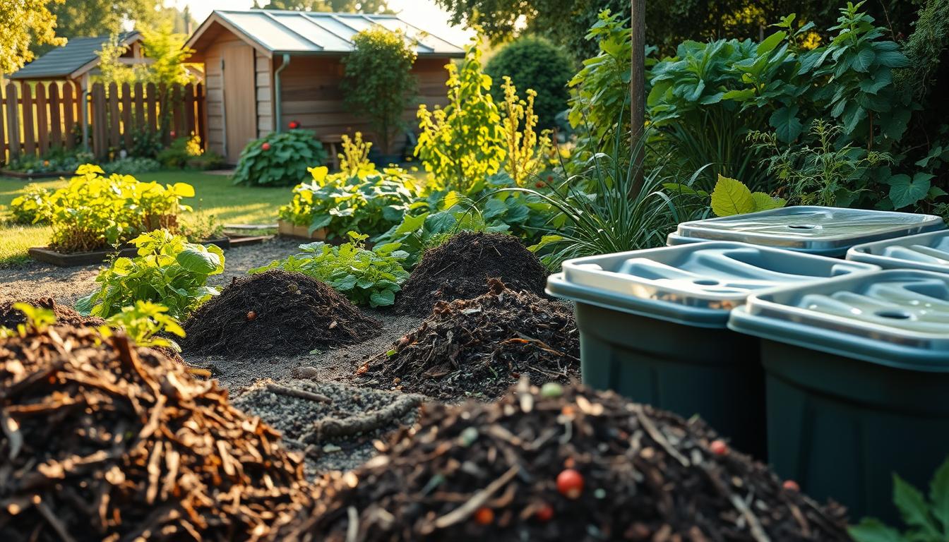 A neatly organized backyard composting area, with various compost bins and piles in the foreground. In the middle ground, lush vegetation and a thriving vegetable garden, showcasing the fruits of the composting labor. The background features a shed or small greenhouse, casting warm, natural lighting across the scene. The overall composition conveys a sense of harmony, sustainability, and the cycle of life inherent in a well-maintained backyard farm. The image should evoke feelings of productivity, environmental stewardship, and the joys of homegrown, organic gardening.