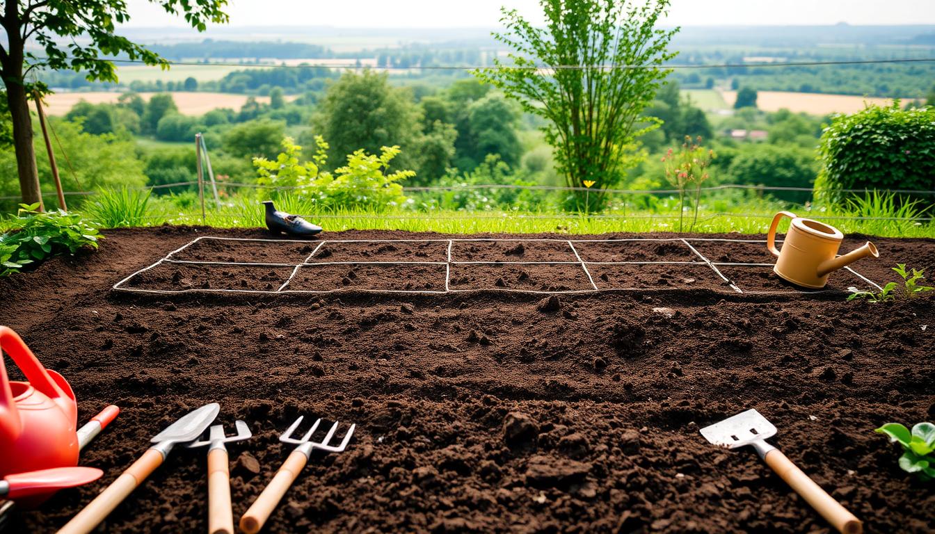 A neatly organized garden bed, laid out with precision. In the foreground, an array of gardening tools - trowels, rakes, and a watering can, all arranged with care. The middle ground features a carefully planned layout of planting beds, with rich, dark soil ready for cultivation. In the background, a serene landscape unfolds, with lush greenery and a soft, diffused lighting that casts a warm, inviting glow. The overall scene conveys a sense of tranquility and thoughtful preparation, inviting the viewer to envision the thriving garden to come.