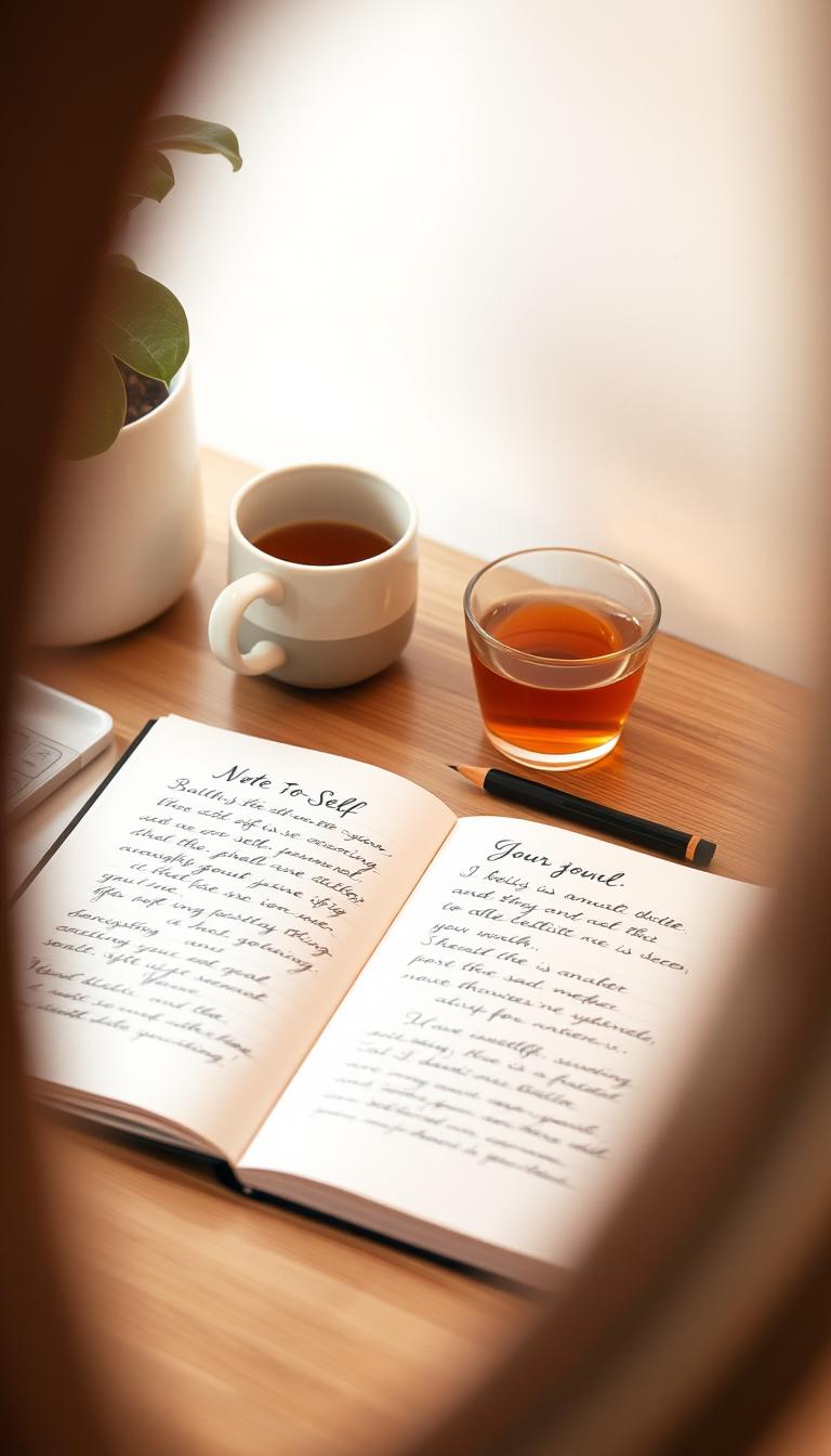A serene and minimalist desk setup, with a note to self journal open, showcasing elegant handwritten entries. The journal is placed on a wooden tabletop, accompanied by a cup of tea, a calming houseplant, and a well-sharpened pencil. Soft, warm lighting illuminates the scene, creating a cozy and introspective atmosphere. The frame is slightly angled, providing a personal, intimate perspective. The focus is on the journal, capturing the essence of a mindful moment of self-reflection and personal growth.