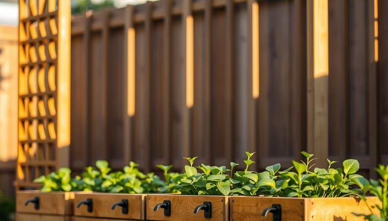 A sturdy wooden trellis frame stands tall, its intricate lattice design casting a gentle shadow. In the foreground, a series of planter boxes are neatly arranged, their wooden slats and metal brackets gleaming in the warm, diffused lighting. The planters are filled with lush greenery, the leaves gently swaying in a light breeze. The background is blurred, creating a focus on the detailed assembly of the trellis and planters. The scene conveys a sense of tranquility and functionality, inviting the viewer to envision the beauty and practicality of this DIY garden trellis with integrated planter boxes.