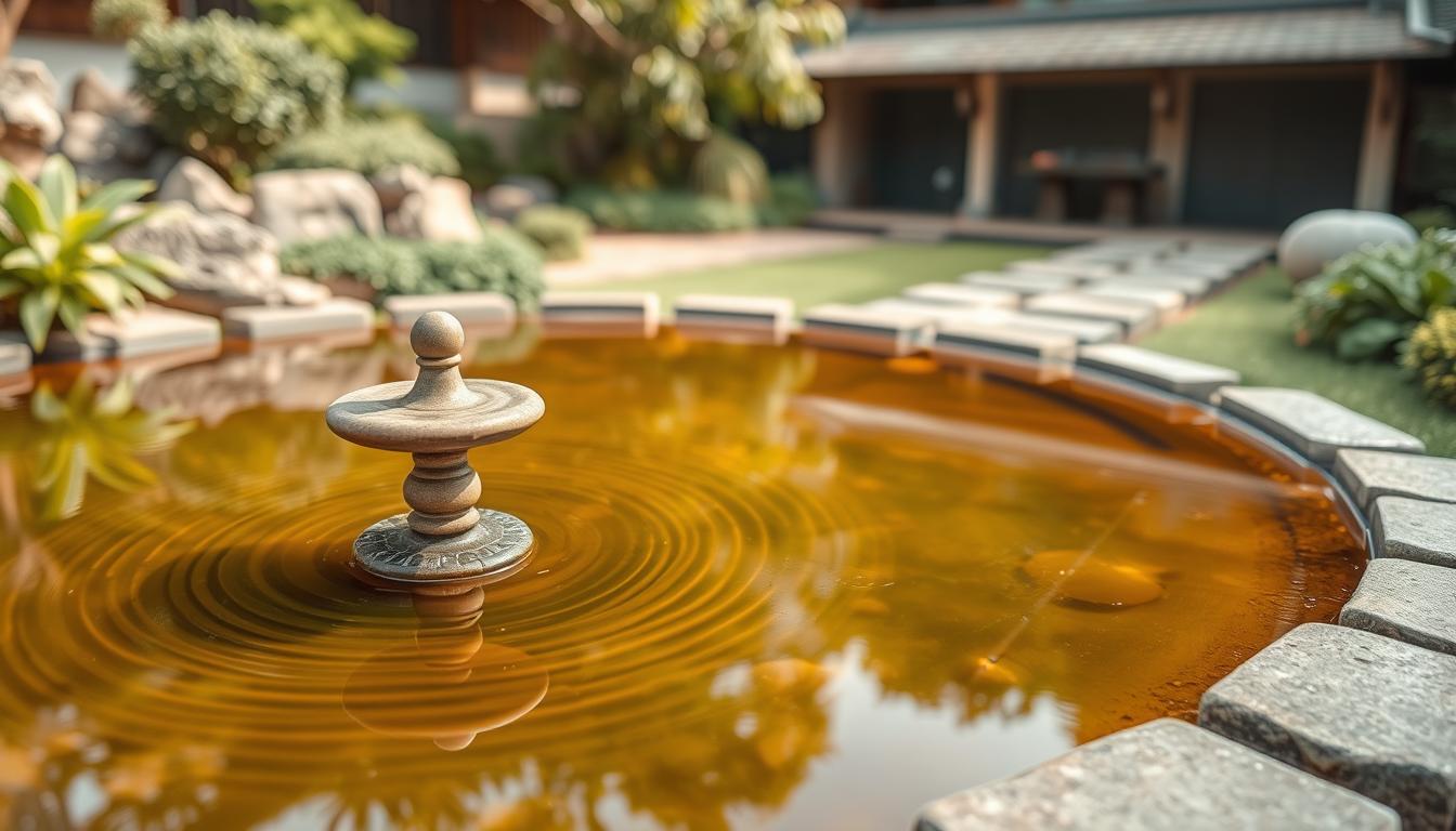 Create an image of a serene pond with a small fountain in a meditation garden.