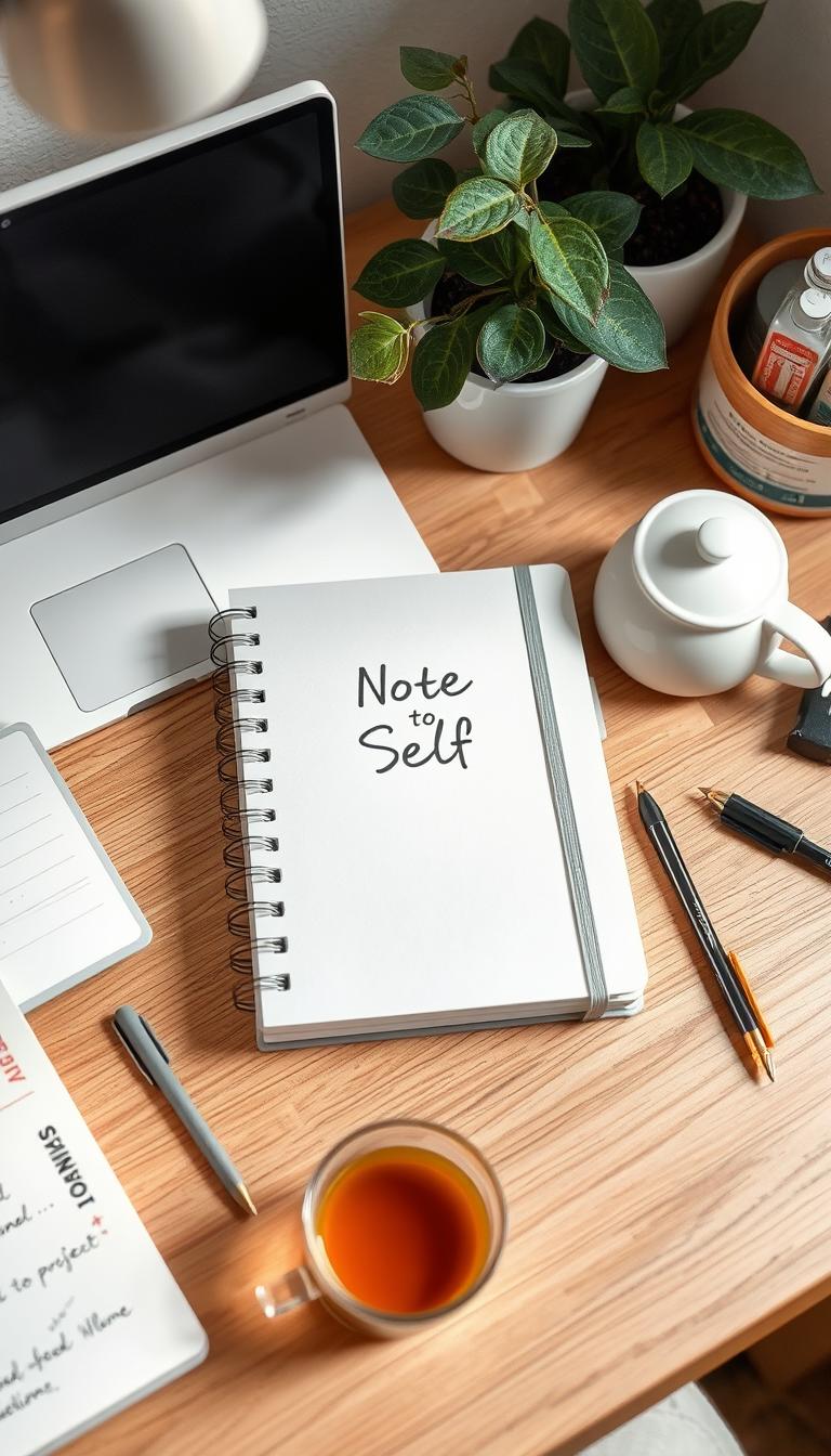 Generate an image of a serene workspace with the Note to Self Journal as the centerpiece, surrounded by elements that evoke mindfulness and self-reflection.