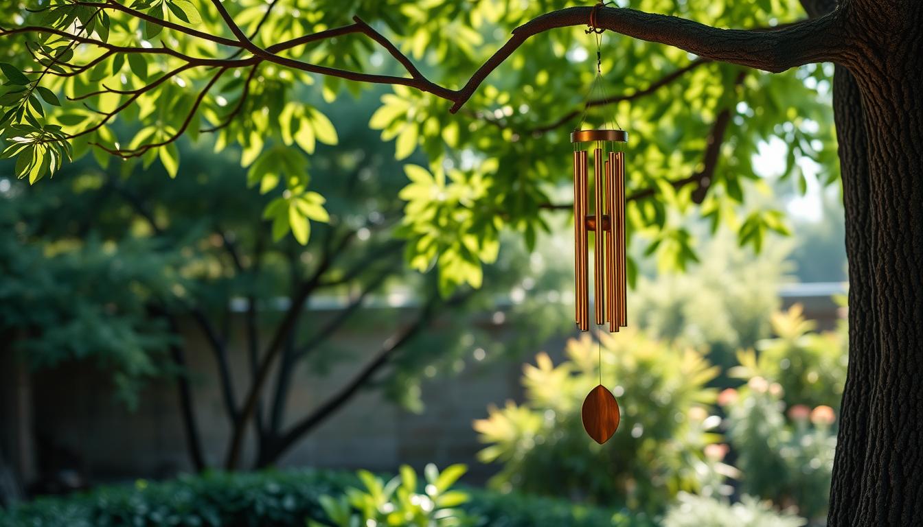Generate an image of wind chimes hanging from a tree branch in a meditation garden.