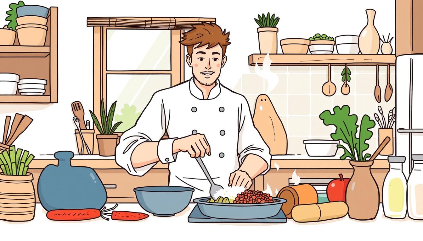 Image of a beginner cooking from scratch with basic ingredients