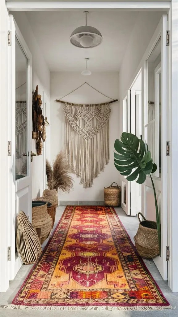A boho-inspired entryway with woven baskets, macramé wall hangings, vibrant rugs, and potted plants.