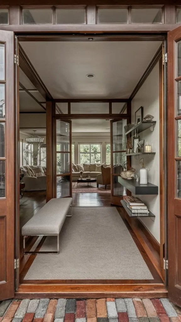 An open concept entryway with a large rug, low-profile bench, floating shelf, and seamless flow into living space.