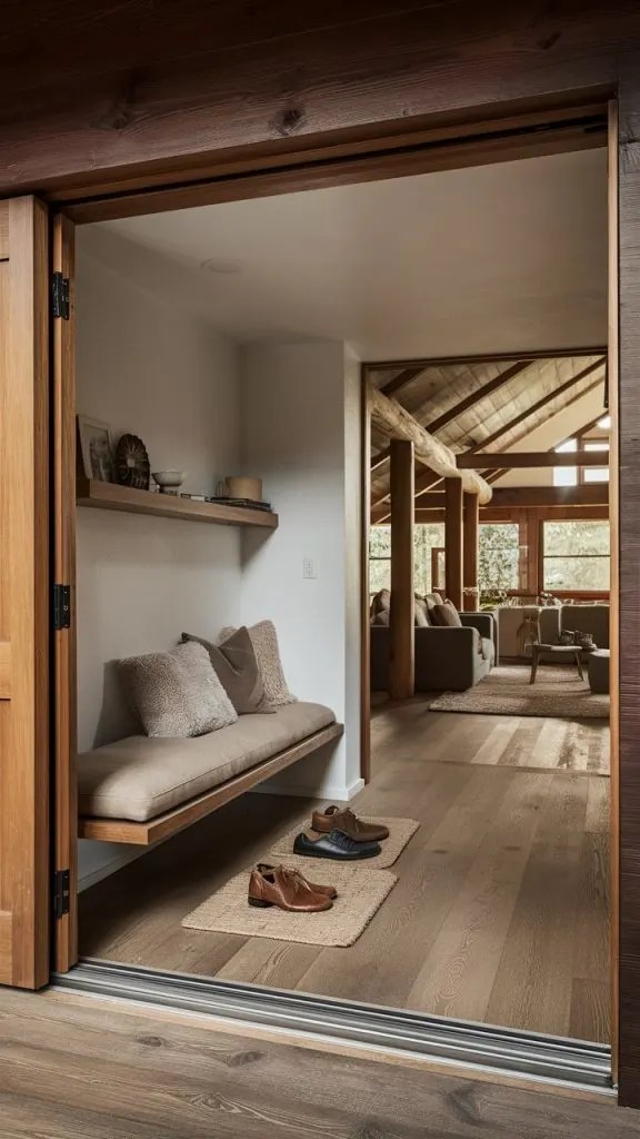 An open concept entryway with a large rug, low-profile bench, floating shelf, and seamless flow into living space.
