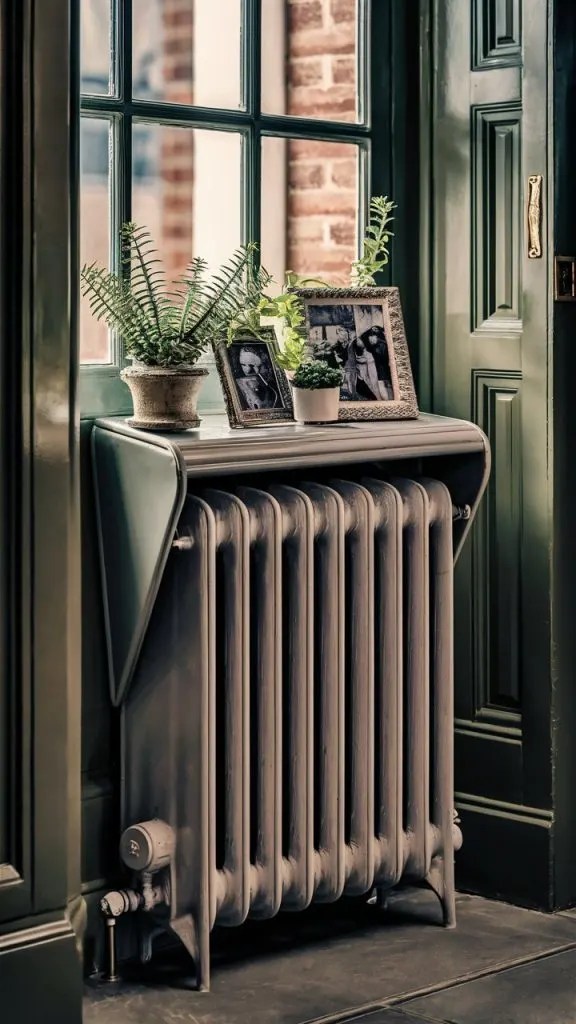 A small entryway with a radiator cover, built-in shelf, stylish bench, and cozy, functional design.