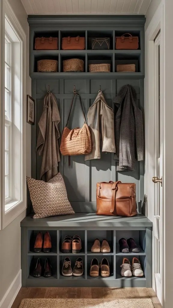 A small entryway with a hall tree, featuring hooks, a bench, storage cubbies, and rustic design elements.