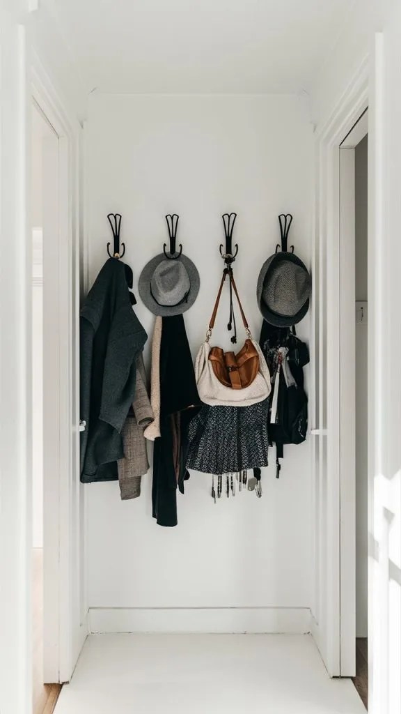 A small entryway wall with stylish hooks used to hang coats, hats, bags, and keys.