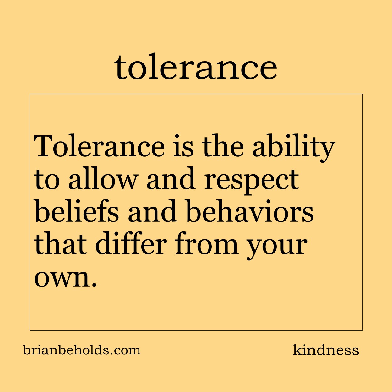 Tolerance is the ability to allow and respect beliefs and behaviors that differ from your own.