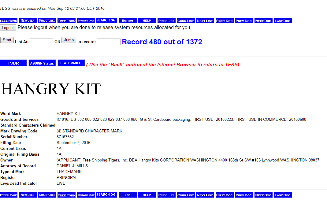 Hangry Kit Trademark Application