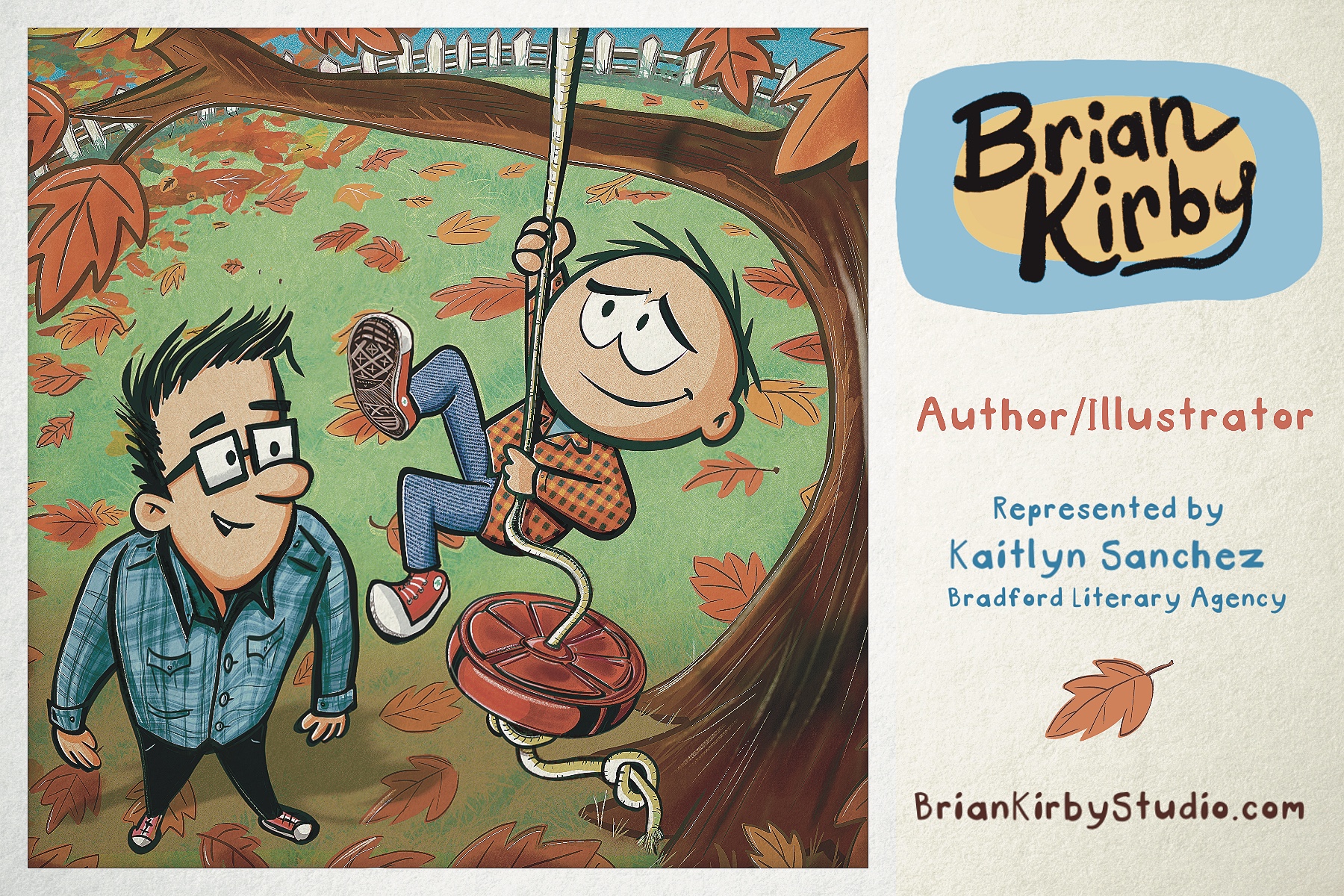 Cartoon of a little boy climbing a rop swing on a fall tree as his dad looks on.