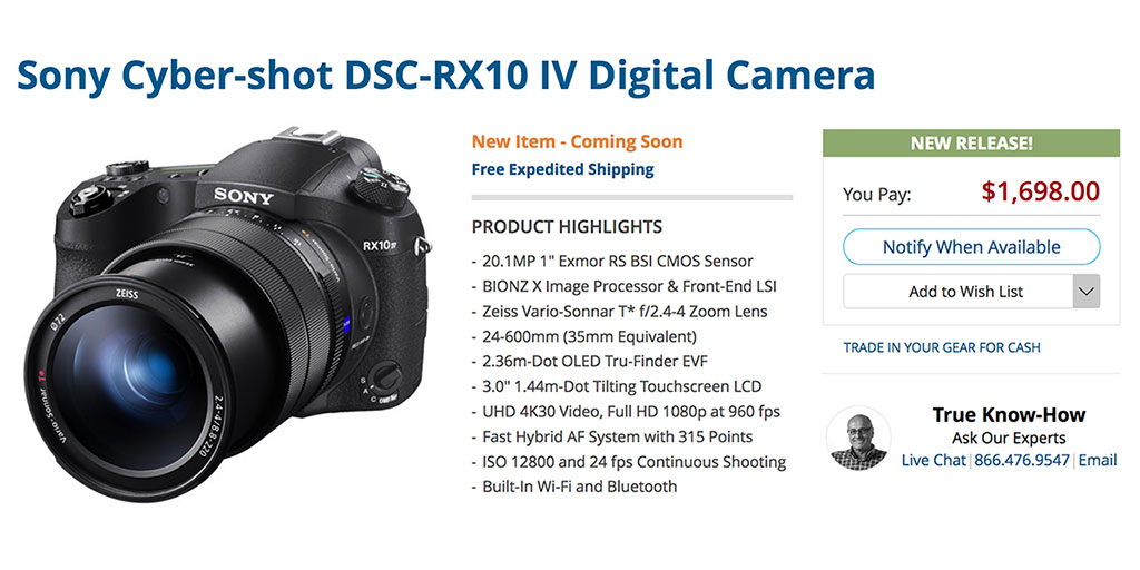 Sony RX10 IV with 24-600mm F2.4-4 Lens Available for Pre-Order Now!