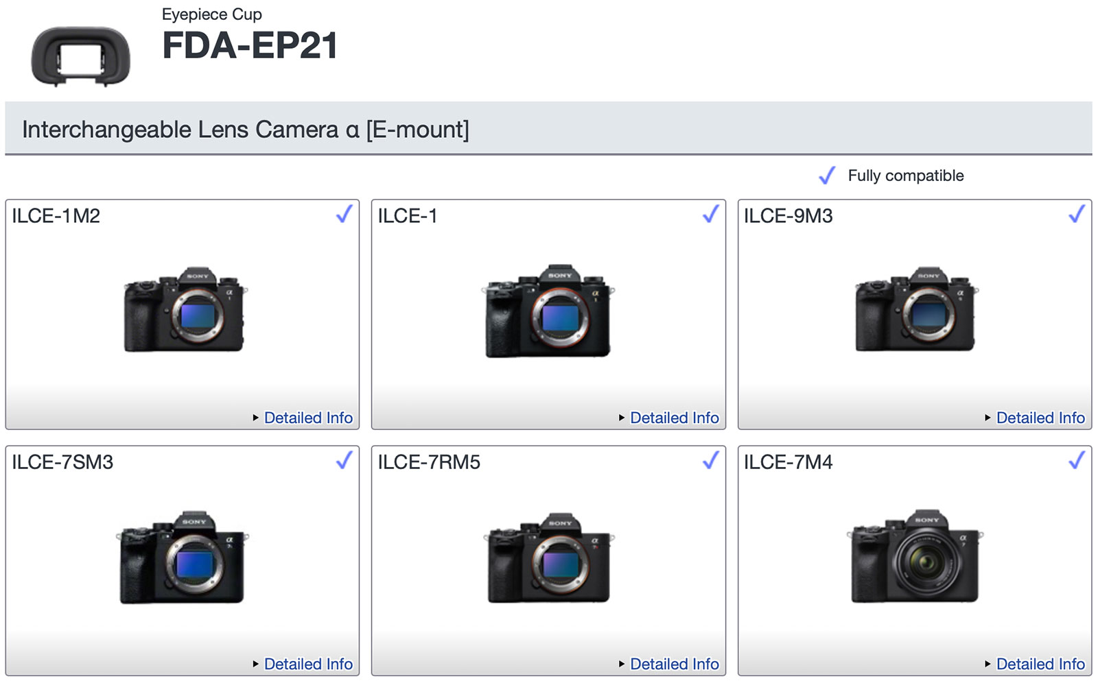 Sony FDA-EP21 Eyepiece Compatibility List
