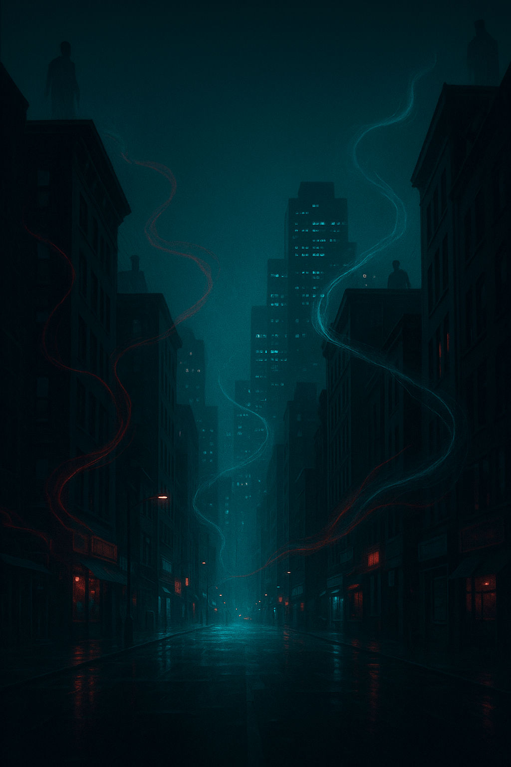 A dark, urban street scene illuminated by red lights, with a misty atmosphere and ghostly figures in the background, creating a sense of mystery and supernatural presence. A visualization that answers, What is Urban Fantasy?.