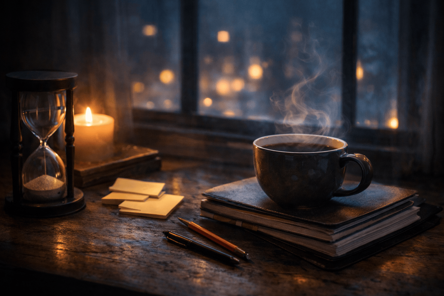 A quiet writer’s desk at night with candlelight and a steaming mug