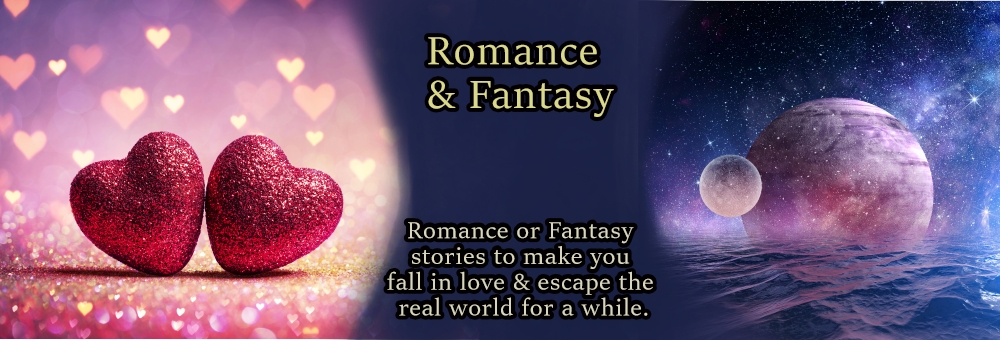 Two sparkling red hearts on a background with soft pink and purple hearts, beside a cosmic scene featuring a large planet in space, with the text 'Romance & Fantasy' overlaying it.