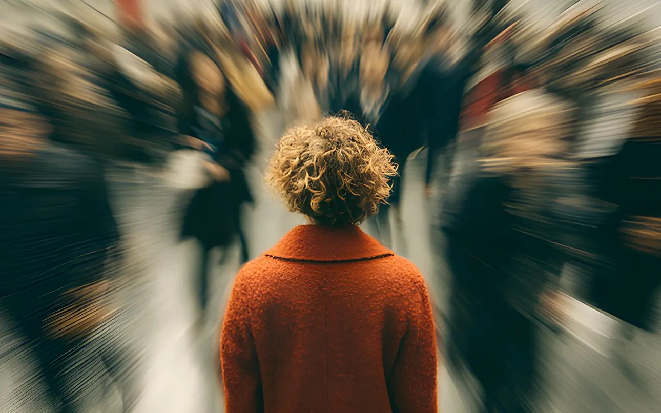 Single woman in blurry crowd