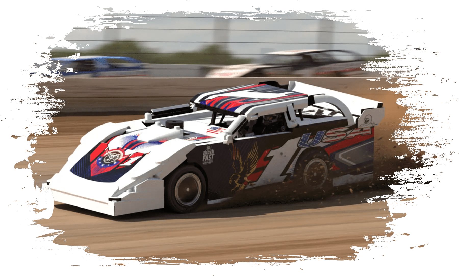 BrickinFast dirt late model racecar LEGO-style kit on a dirt track