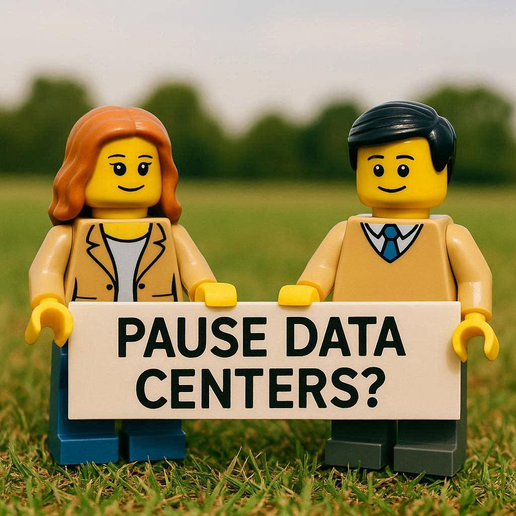Two Bricklynites holding banner that says: "Pause Data Centers?"