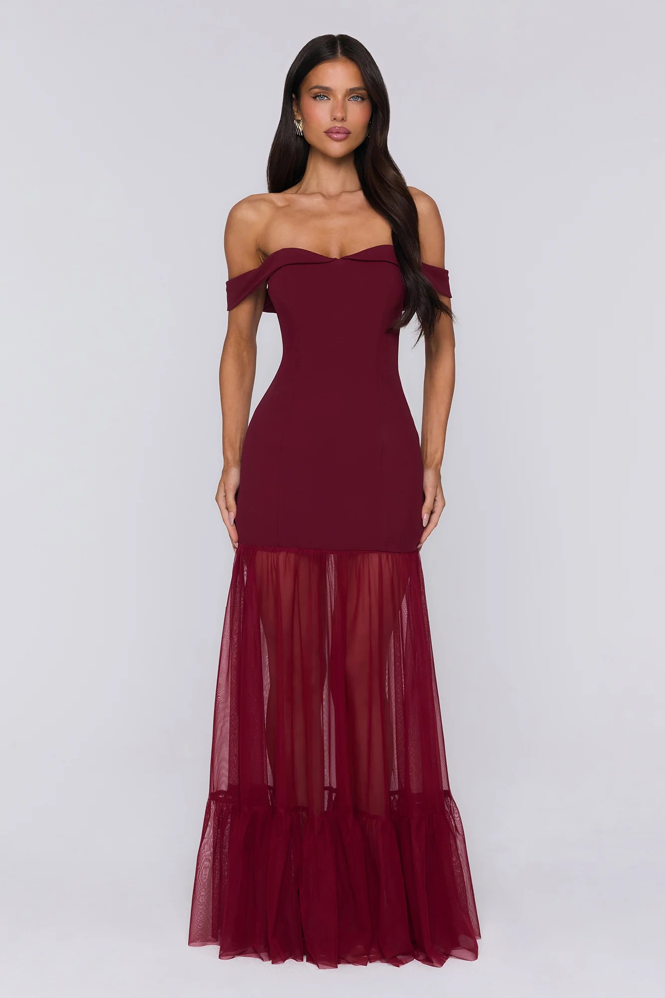 Burgundy off shoulder fitted maxi dress with sheer mesh skirt for wedding guests