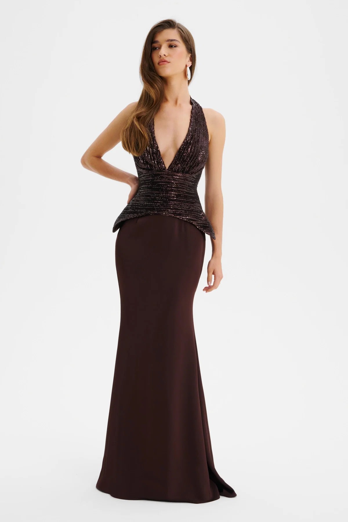 Lavish Alice Lucienne chocolate sequin maxi dress for autumn wedding guest style