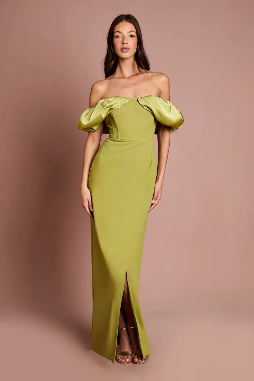 Coast olive volume-sleeve corset maxi dress for an autumn wedding guest