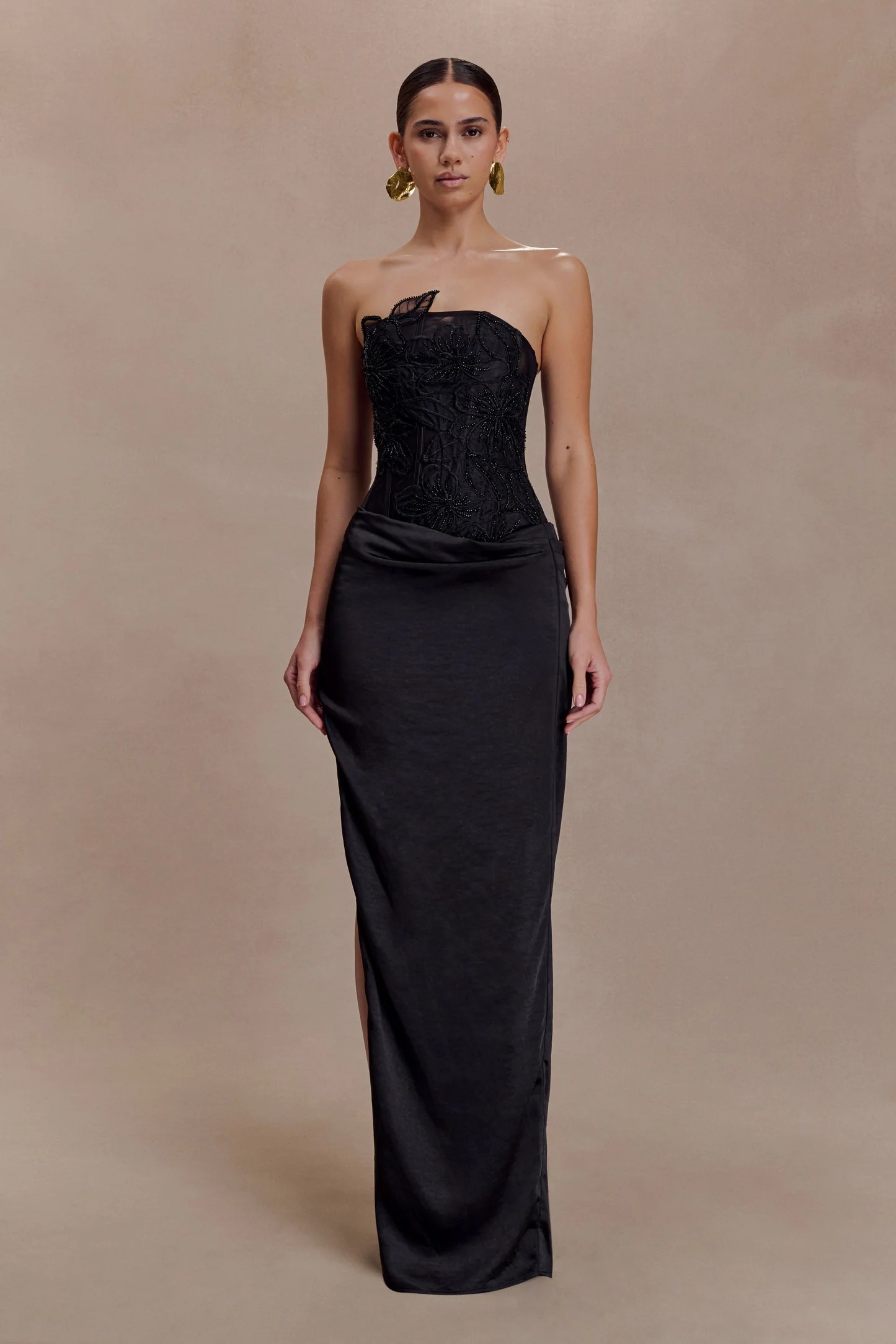 MESHKI Asha black floral mesh and satin maxi dress for autumn wedding guest style