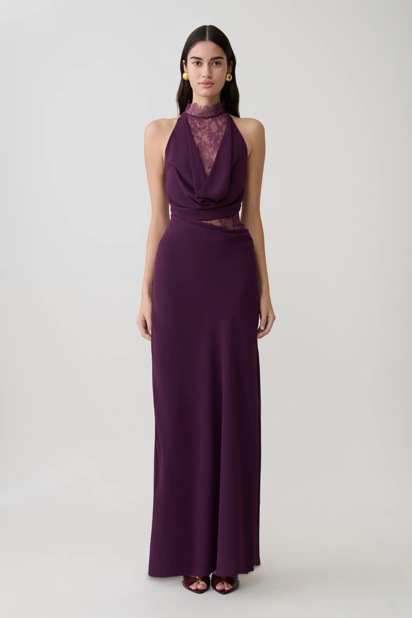 Dark lace maxi dress for autumn wedding guest outfit