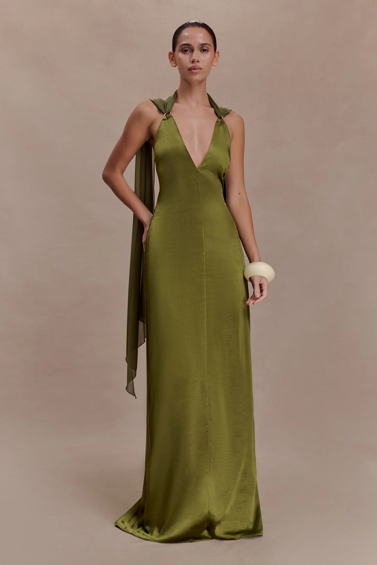 Khaki satin draped maxi dress for autumn wedding guest outfit