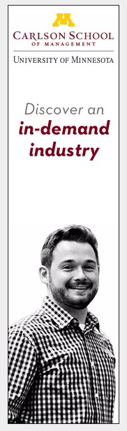 Screenshot of Carlson School digital ad depicting a man in a checked button-down shirt smiling at camera. The text says "Discover an in-demand industry"