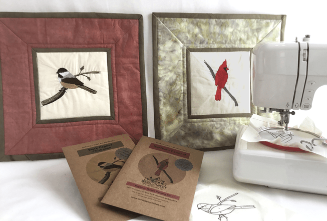 Beginner Patterns for Thread painting, chickadee and cardinal wall hangings with a sewing machine