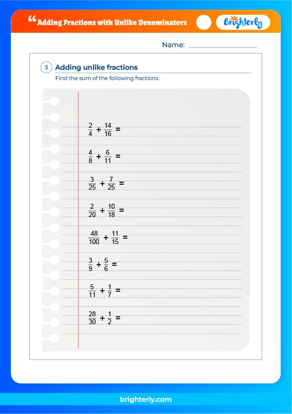 adding fractions with unlike denominators worksheets pdfs brighterly