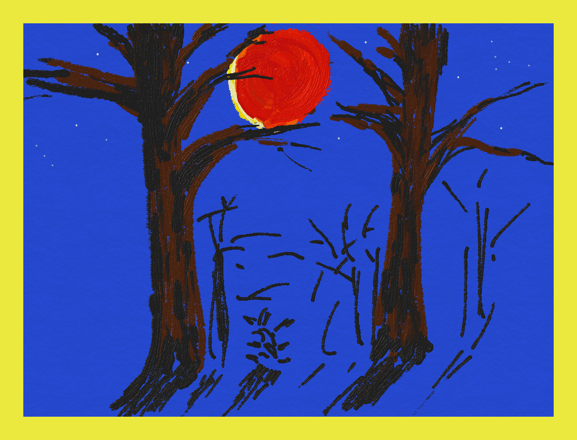drawing of red eclipsed moon behind bare trees
