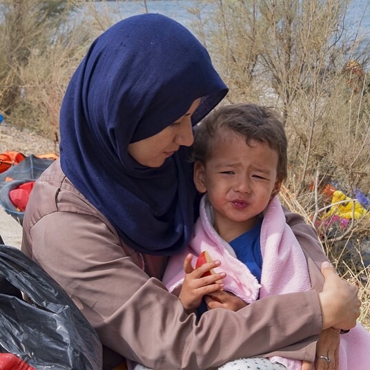 Mother and child, newly arrived from Syria
