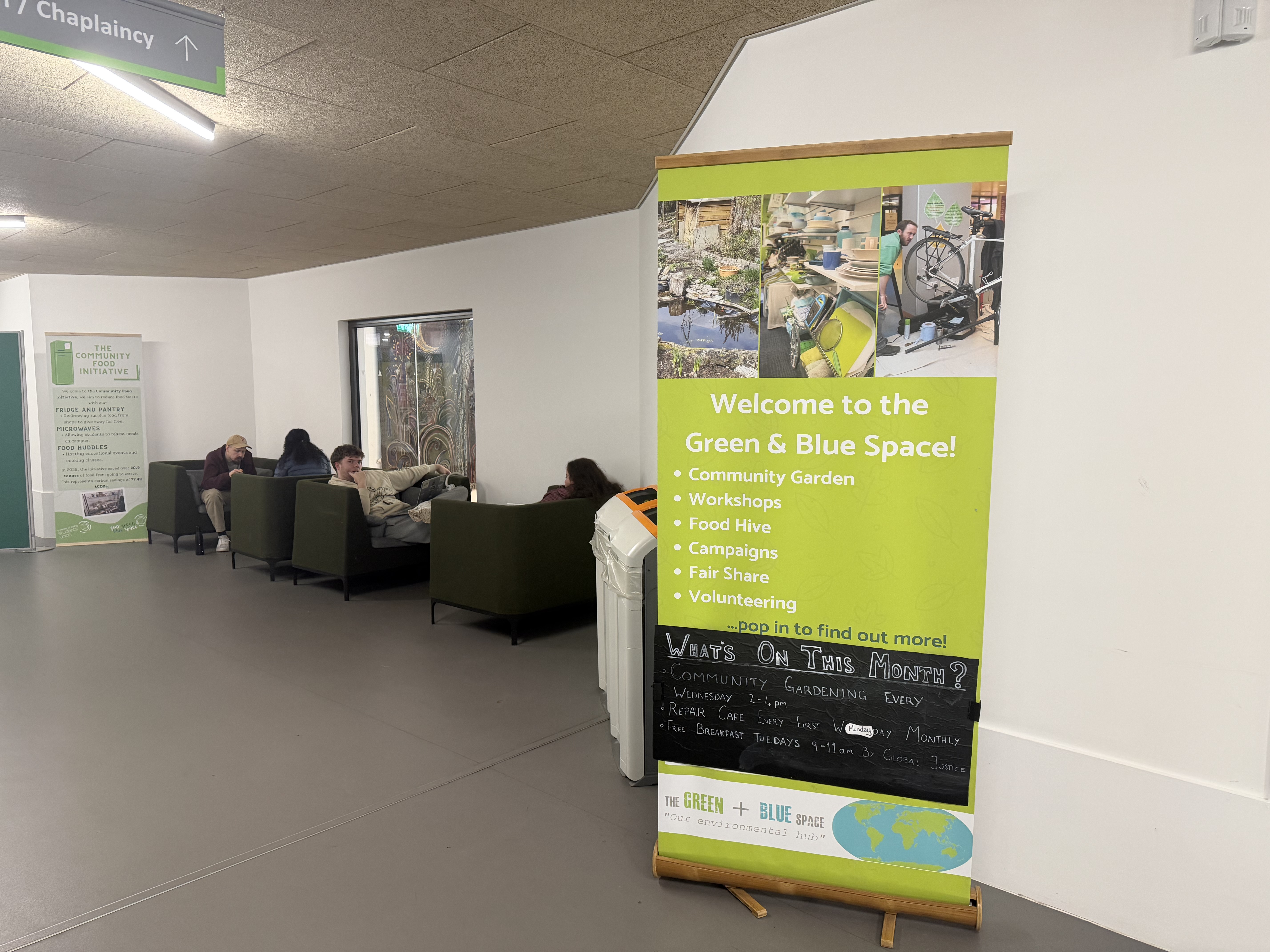 This image is of a sign on the University of Stirling campus that reads "Welcome to the Green & Blue Space."