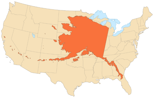 The United States Of America From Alaska S Point Of View Brilliant Maps Alaska Area Compared To US 600x384 