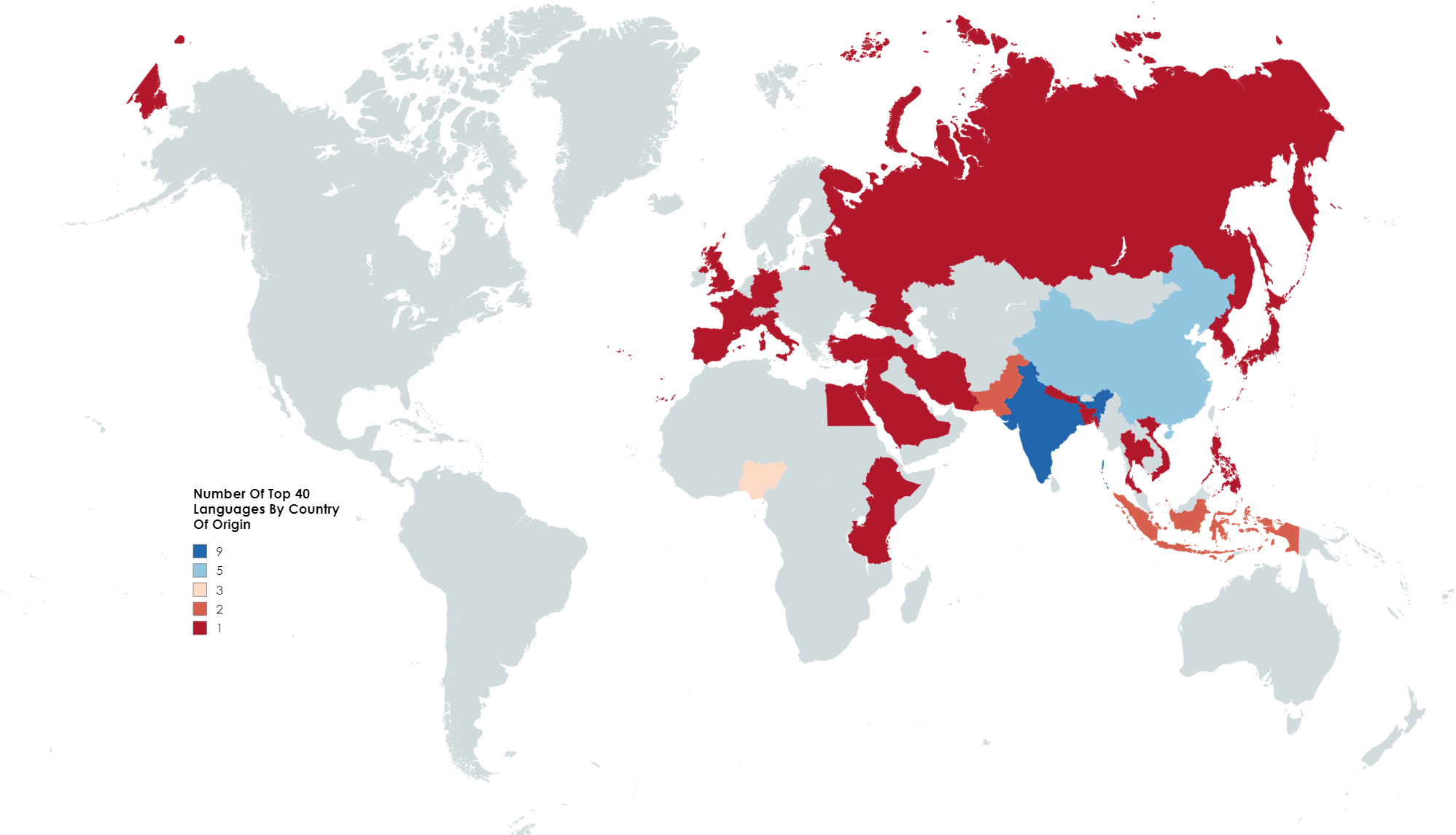 Most Spoken Languages In The World Map Showing Origins Number Of Top 40 Languages By Country Of Origin 