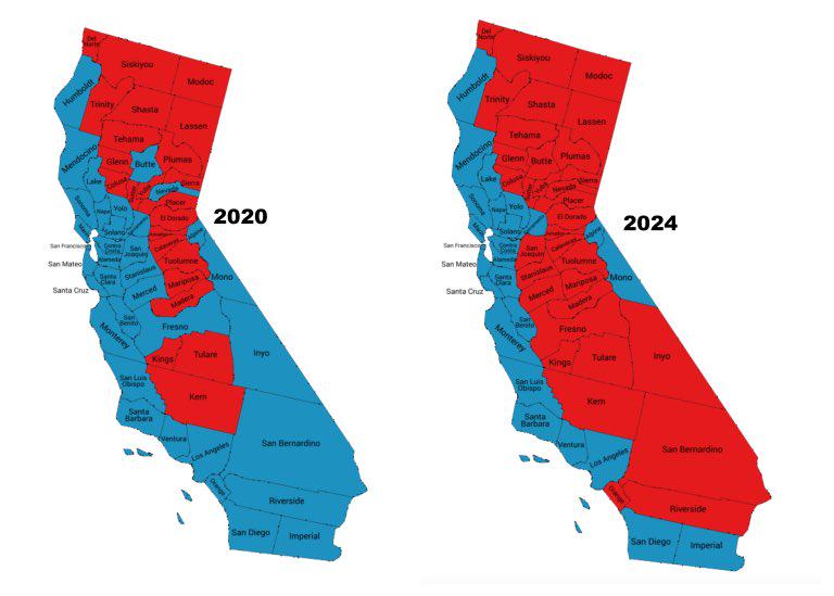 Political Party By County Map California 2020 V 2024 