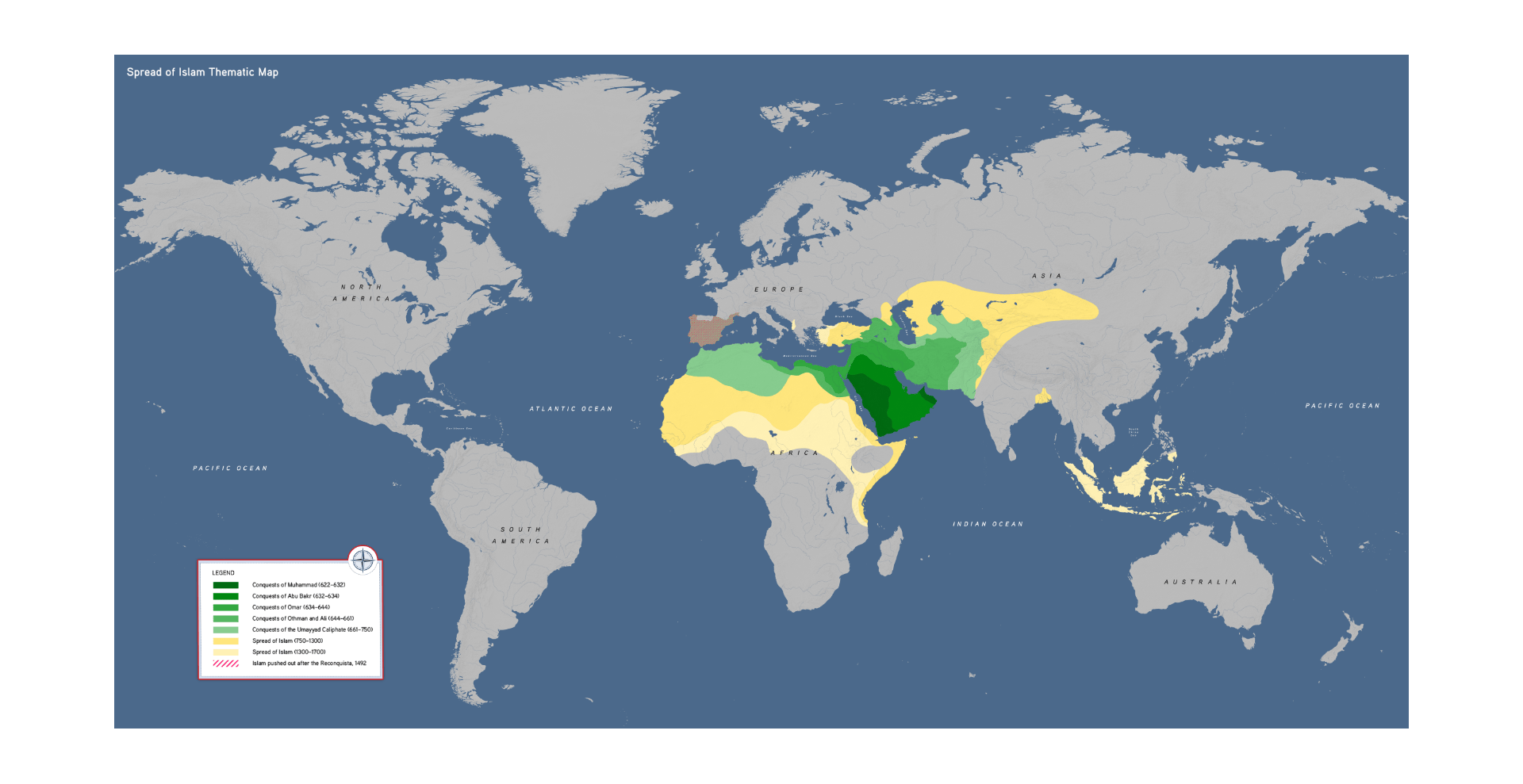 World Map Showing The Spread Of Islam From 622 1700 Brilliant Maps Spread Of Islam Map 