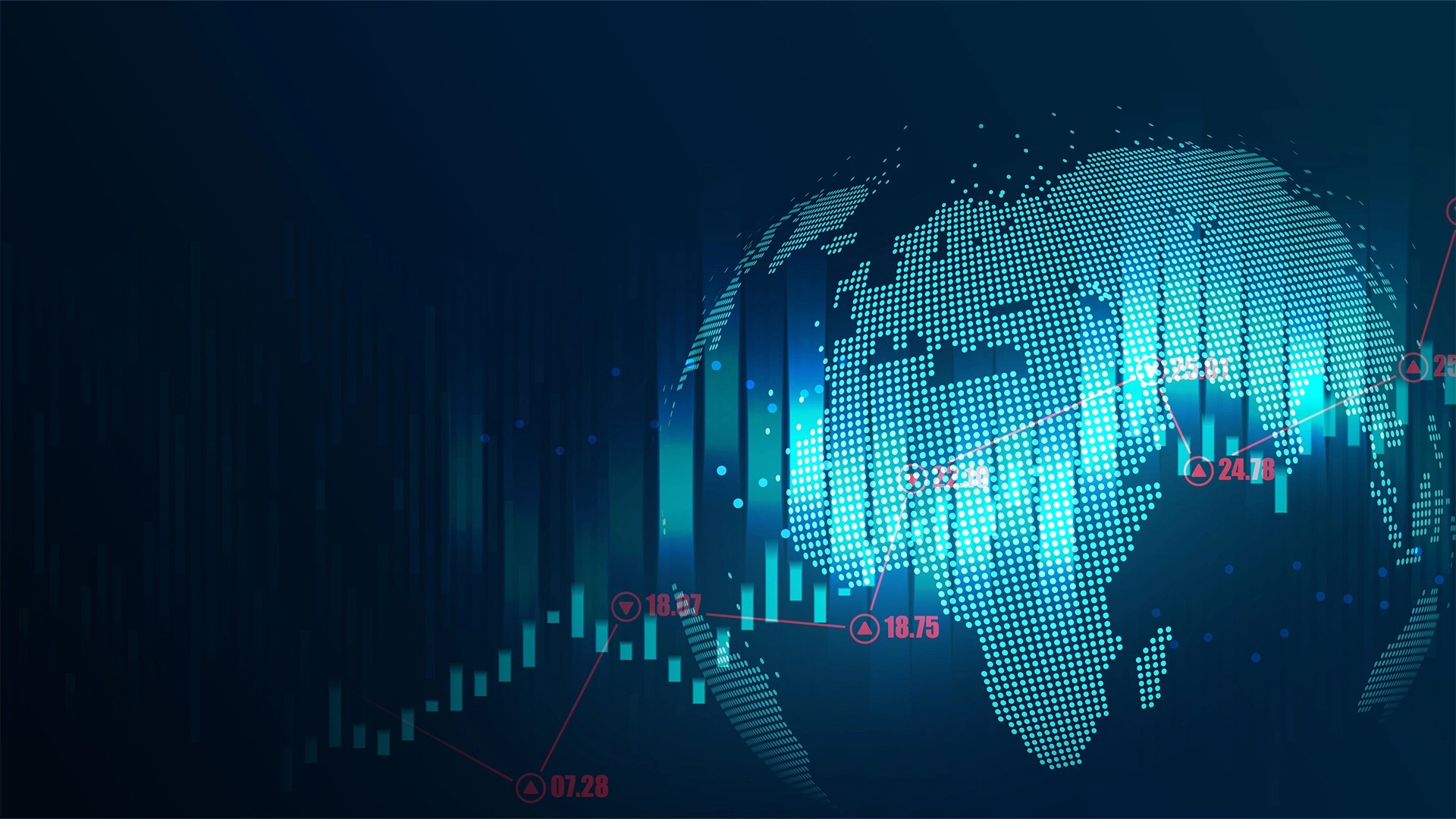Digital map of africa with stock market charts data points and glowing indicators representing financial trends and economic growth