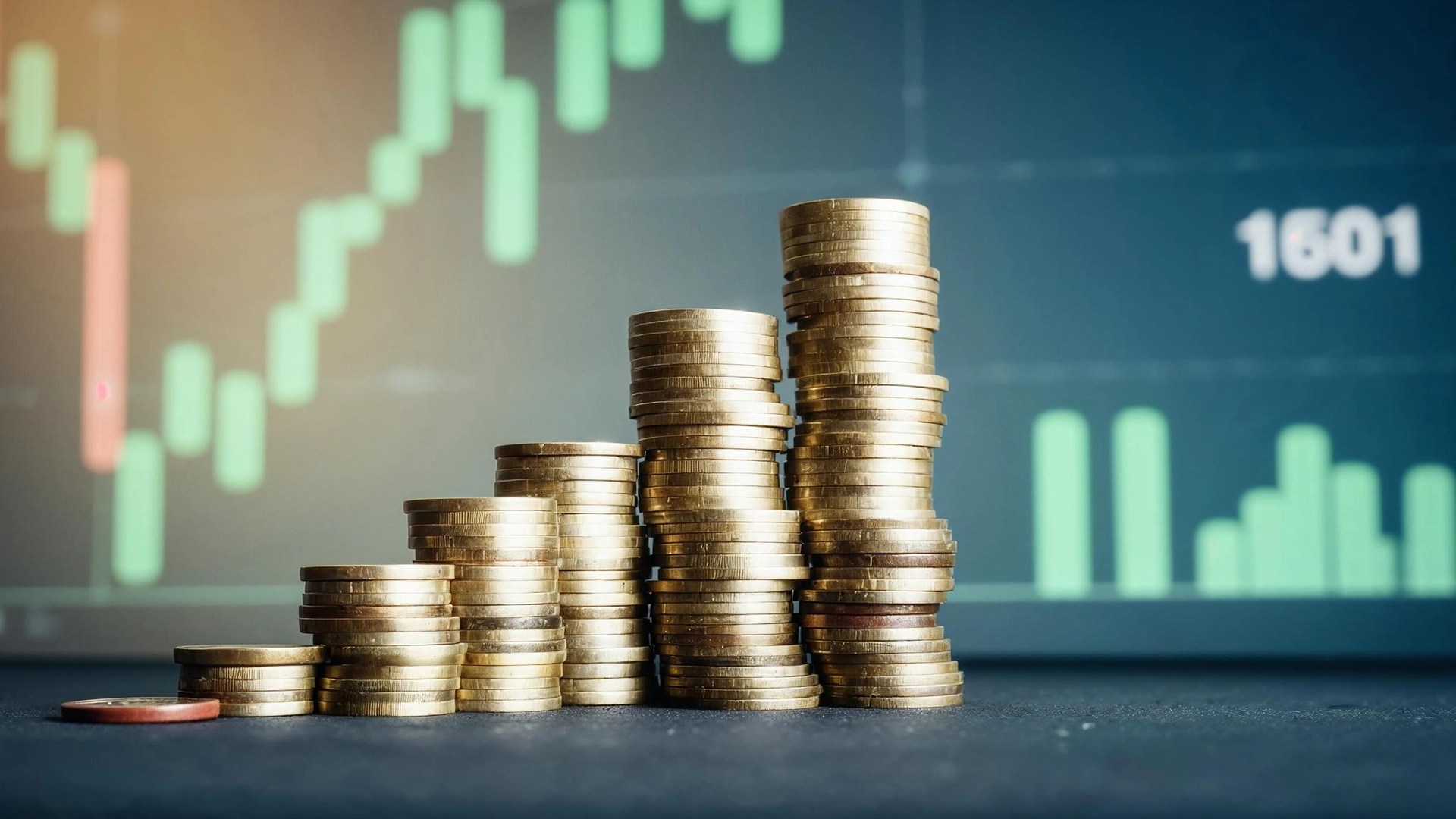 Stacks of gold coins increasing in height with a green upward stock chart displayed in the background