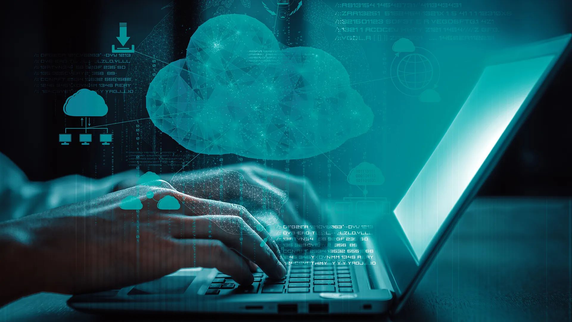 Cloud computing technology concept showing data storage and network infrastructure connected through a laptop